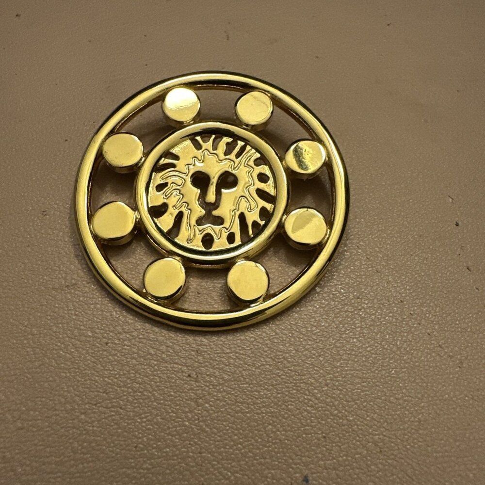 Vintage Anne Klein Lion Pin Brooch Gold Round Shiny Yellow Metallic